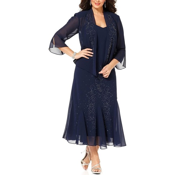 R&M Richards Dresses & Skirts - R&M Richards Womens 4 Jacket Dress 2-Piece Navy Chiffon Beaded V-Neck Dress Set